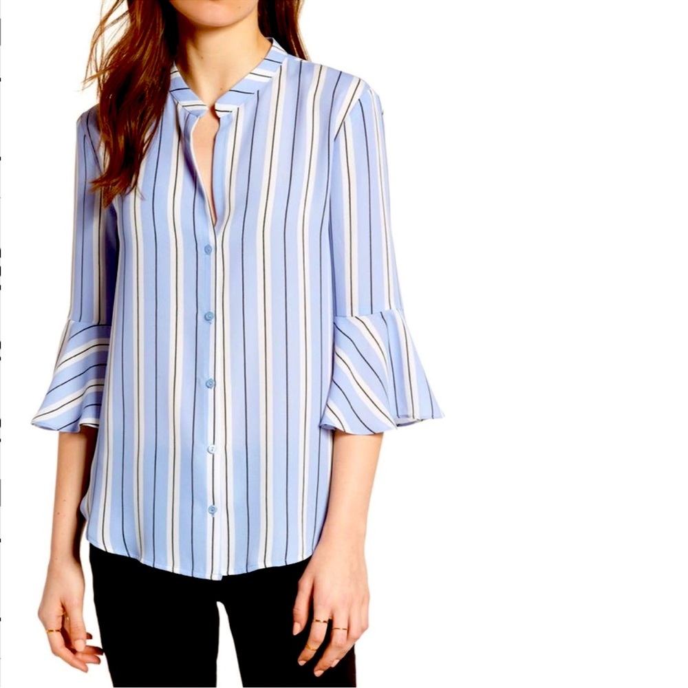 LUSH Blue, White, and Black Striped Flowy Button Up 3/4 Sleeve Blouse, S…